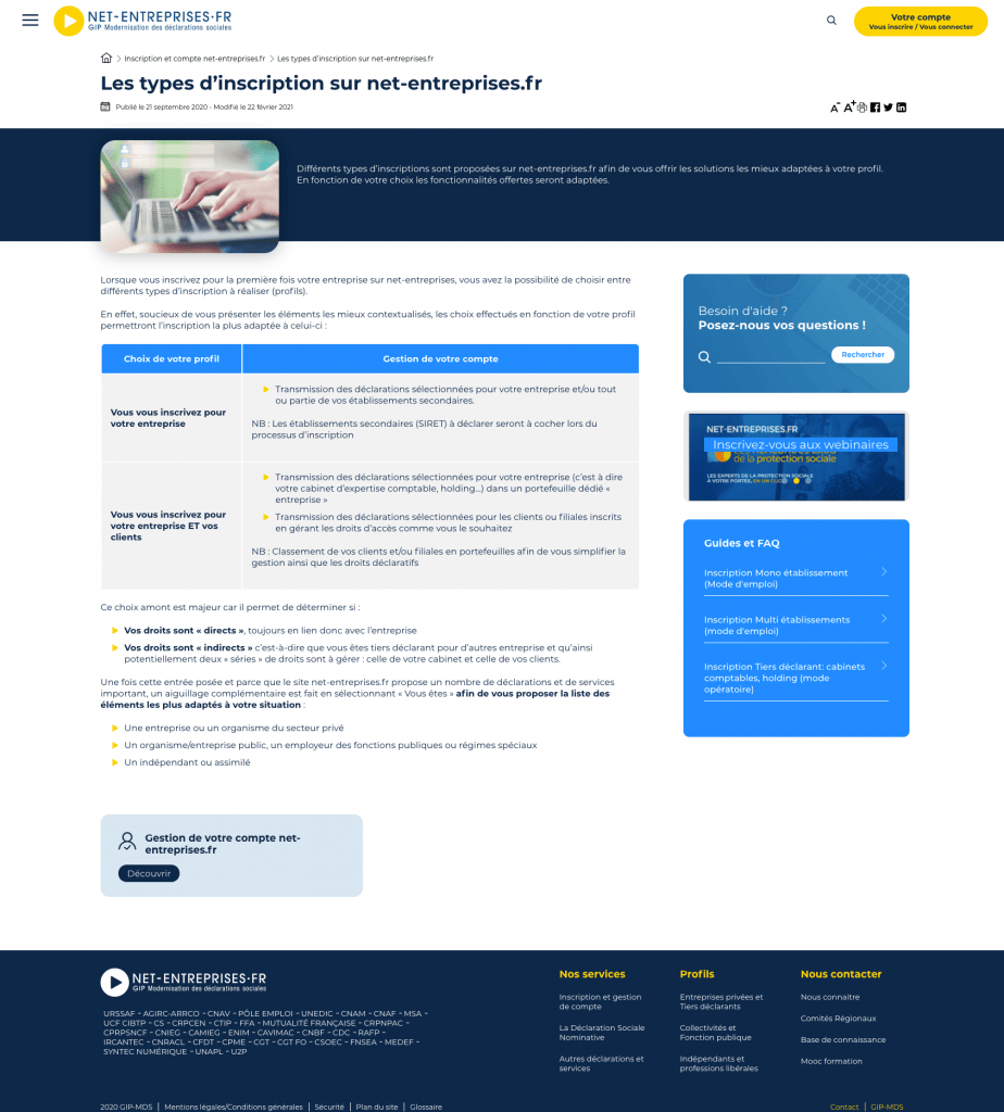 Page intérieure du site net-entreprises.fr
